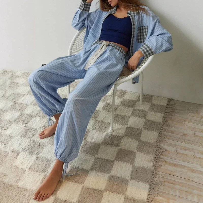 Women Christmas Pajamas Set Striped Holiday Sleepwear Button Down Long Sleeve Shirt and Pants Lounge Pj Nightwear Loungewear