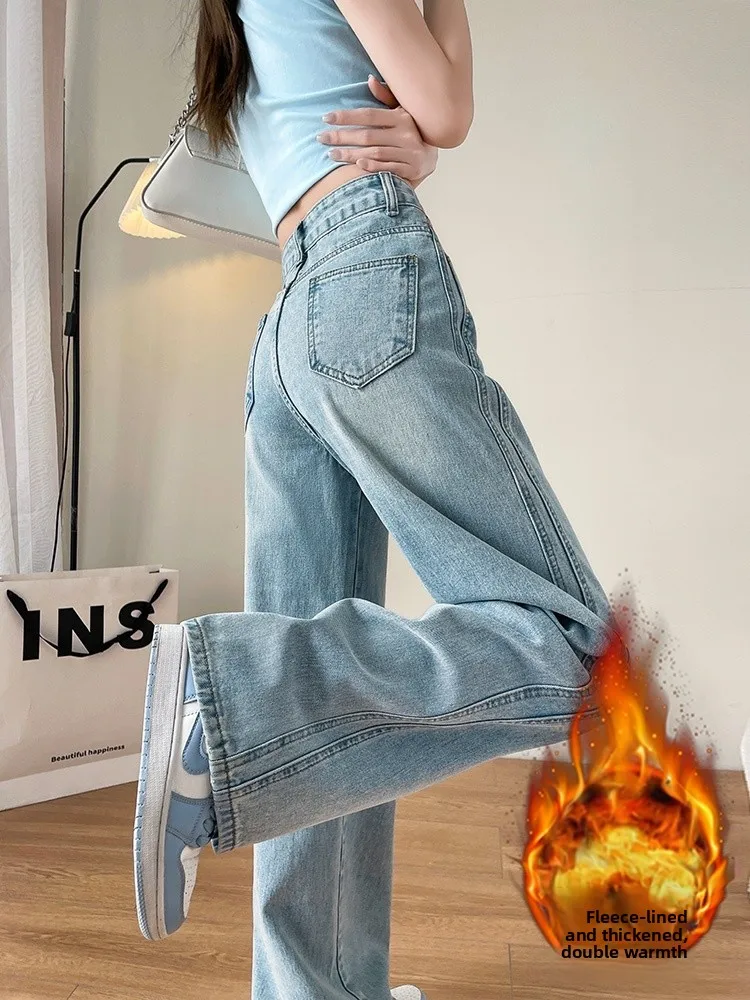 

Ретро-джинсы женские больших размеров, синие, осенне-зимние, свободные, с высокой талией, прямые, широкие штанины, для фигуры «груша»