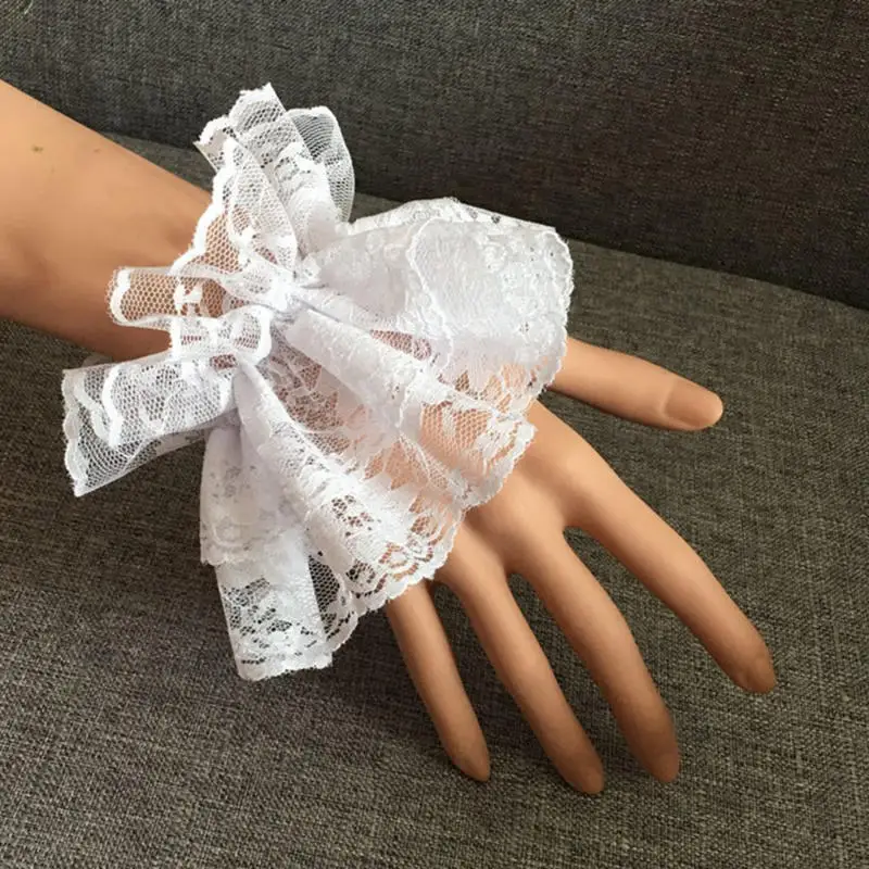 1Pair Lolita Hand Sleeve Wrist Cuffs Ruffled Floral Black Lace Elastic Bracelet Elegant Women Girls Wrist Warmers Gloves Gift image 4