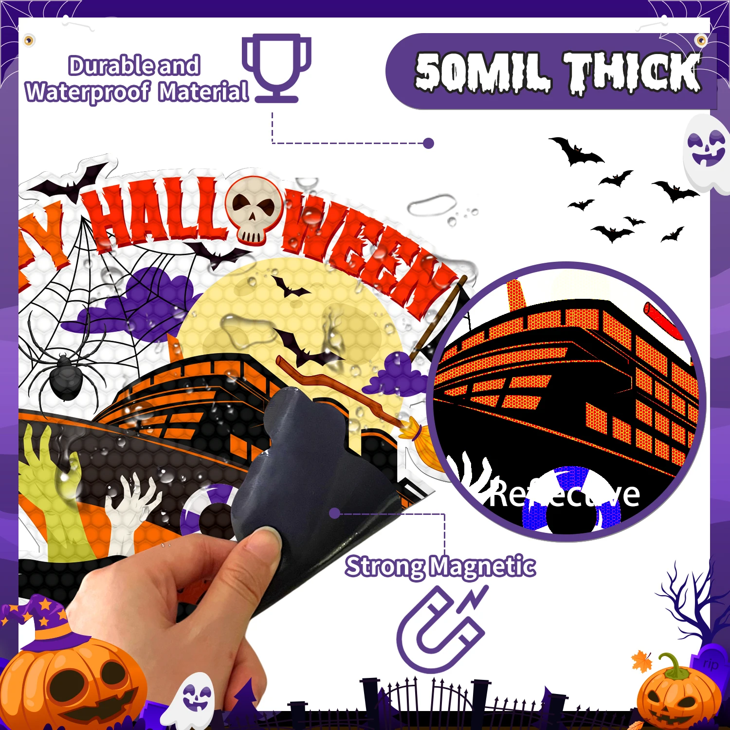 16 Pcs Halloween Magnets Reflective Car Magnets Decorations Halloween Refrigerator Magnetic Stickers Holiday Pumpkin Bat Magnet