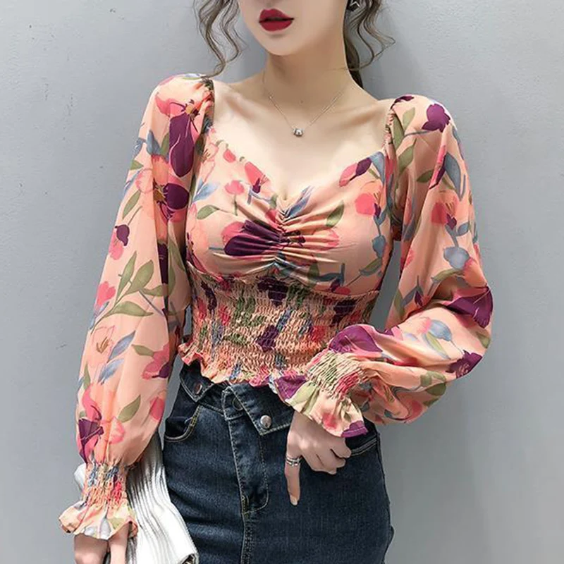 Rimocy Fashion Flowers Printed Chiffon Shirts Women 2024 Summer Long Sleeve Cropped Shirts Woman Vinatge Low Collar Blusas Mujer