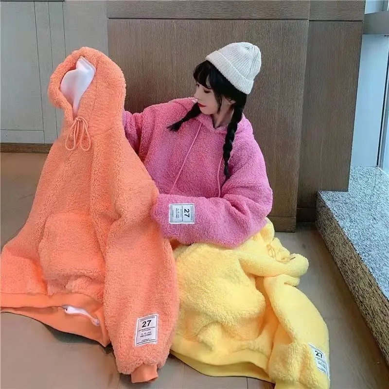 Autumn Winter Hot Pink Lamb Sweatshirts Women Hoodie Streetwear Long Sleeve Thick Warm Pullovers Woman Fluffy Oversized Tops