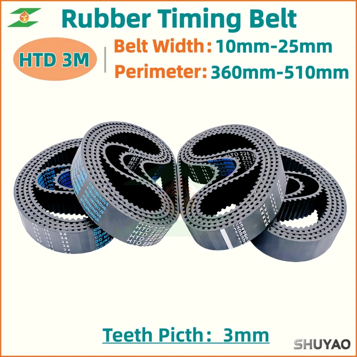 HTD 3M Rubber Timing Belt Length 360/372/375/378/381/384/387/390/393/396/399/402/405~510 Width 10-25mm for 3D Printer CNC Parts