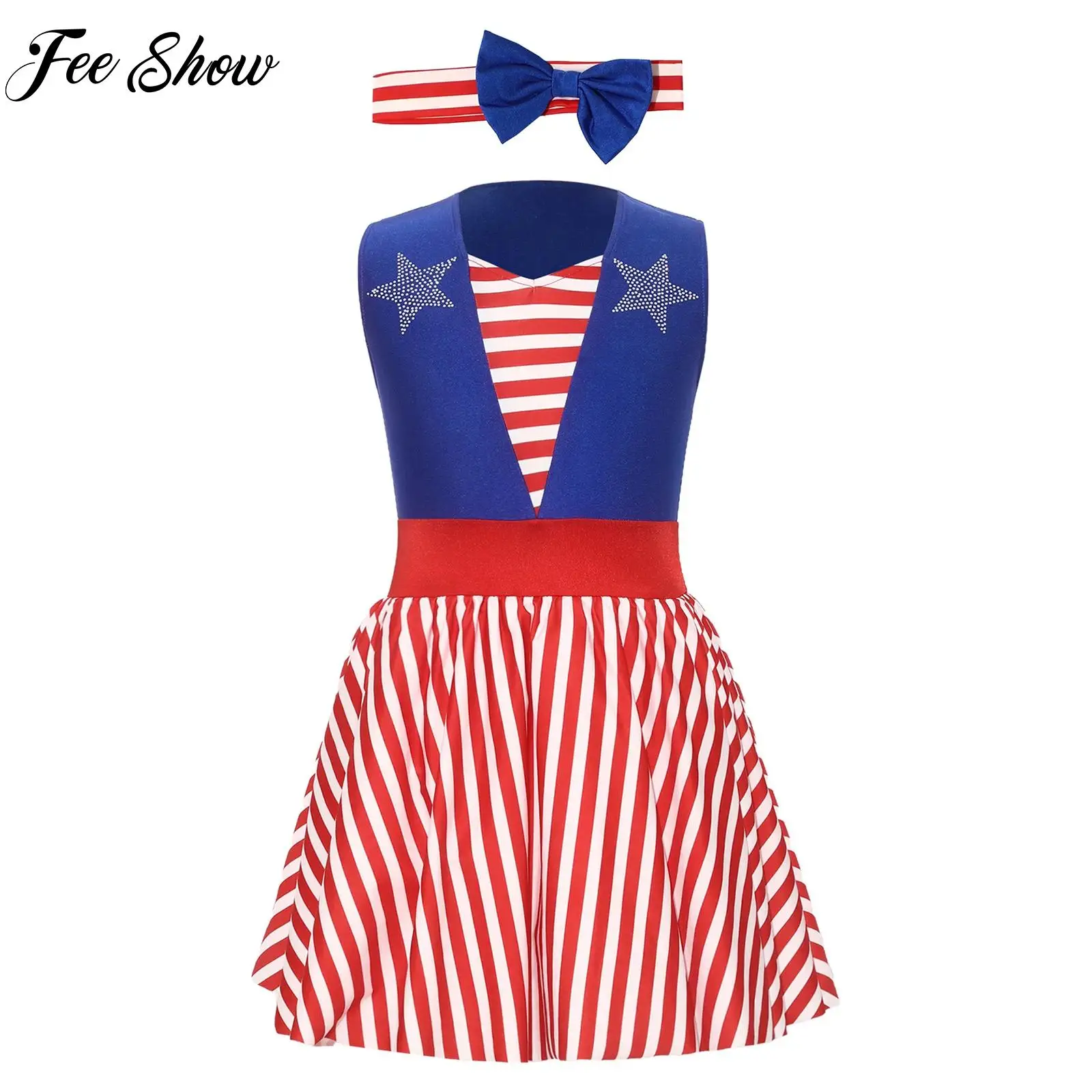 Kids Girls July 4th Independence Day Costume Dress Stars Striped Leotard Tutu Dress with Bow Headband for Halloween Themed Party