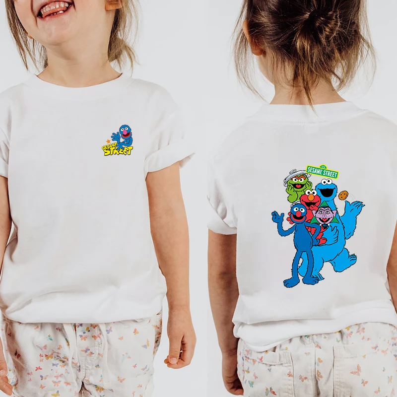 Sesame Street Printed Kids T-shirt Summer Children's Cotton Short Sleeve White Casual Top Suitable for Boys and Girls