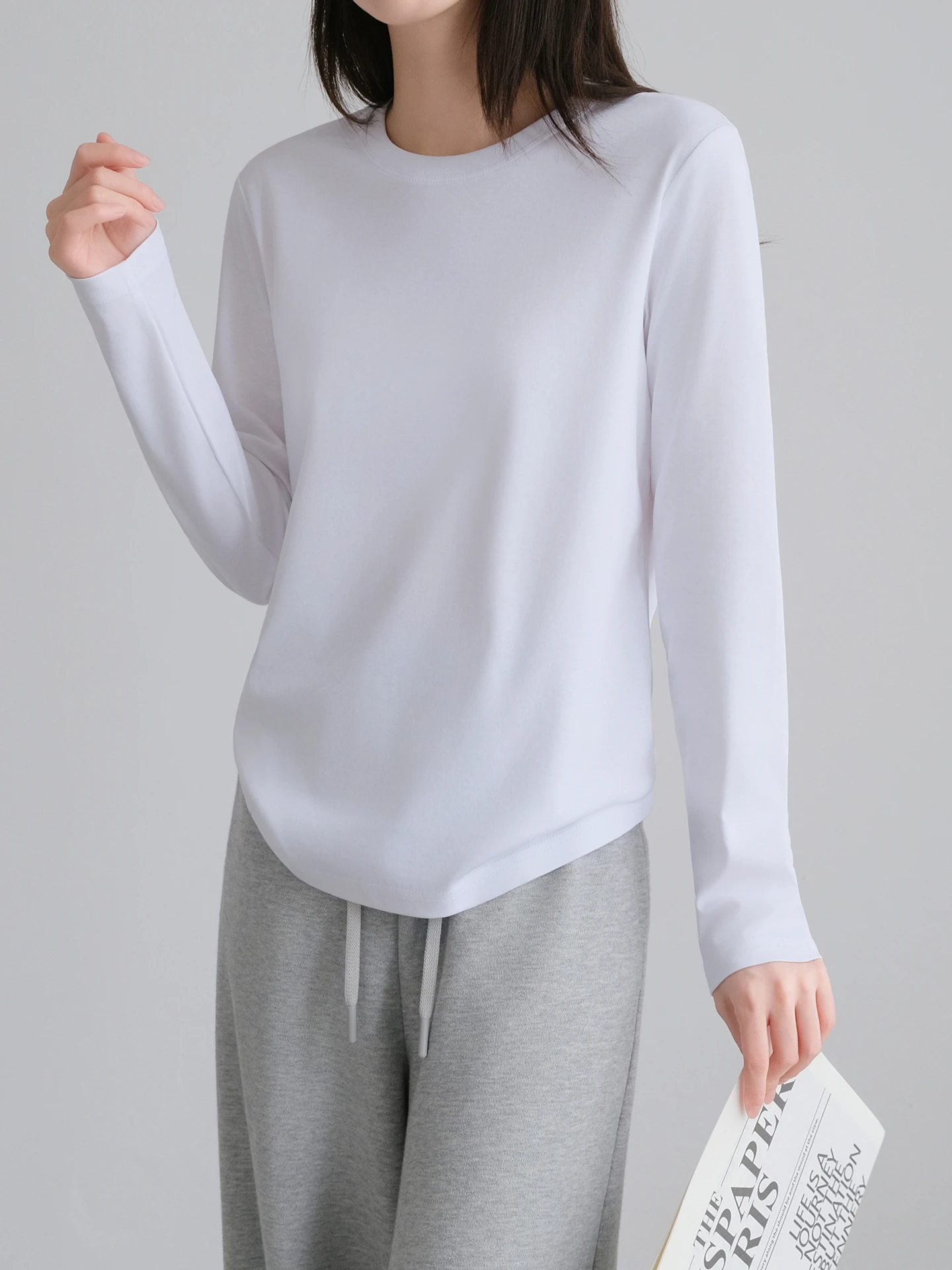 

Женская футболка с длинным рукавом и круглым вырезом, 100% длинноволокнистый хлопок, шелковистая, блестящая, белая, базовая, для ношения под одеждой