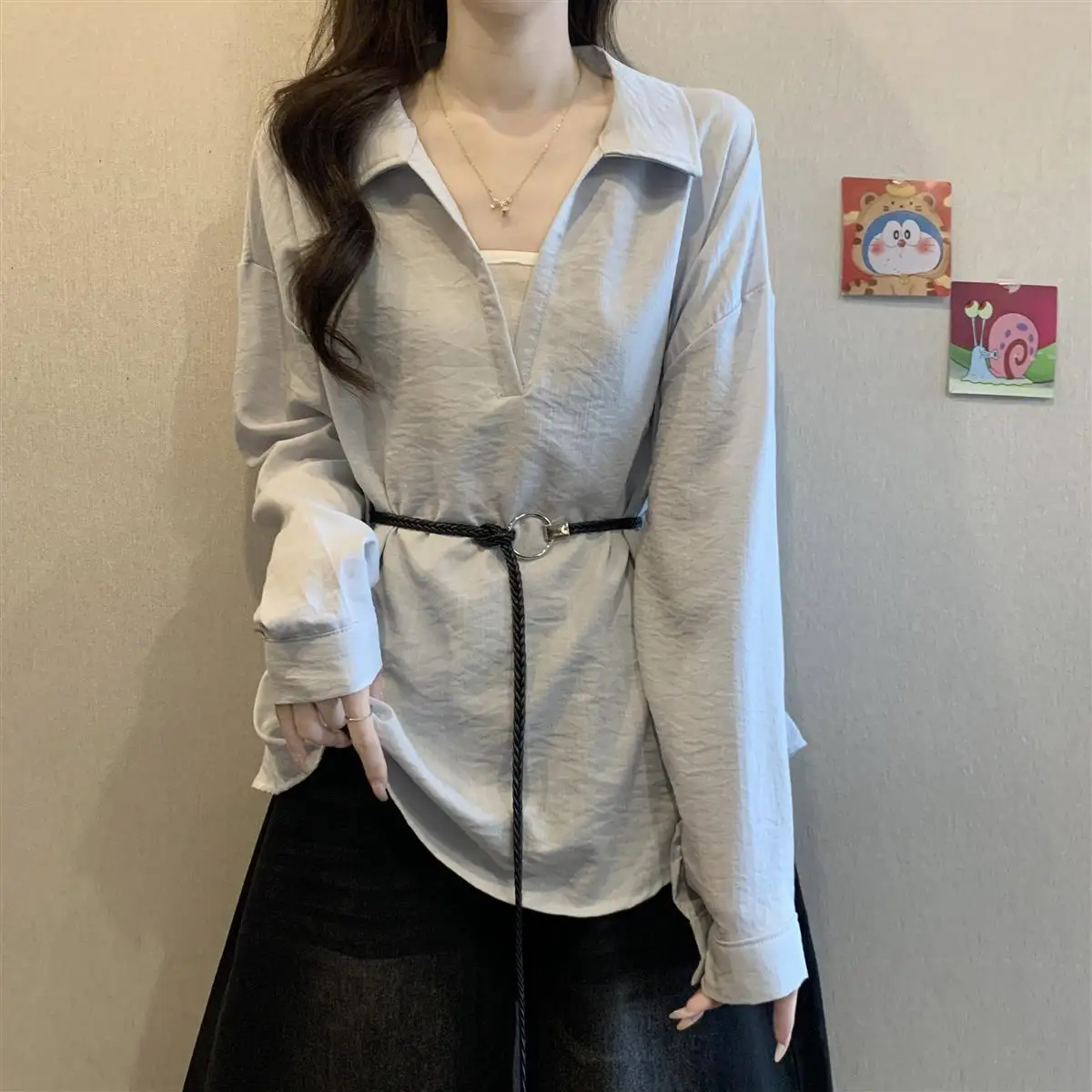 Textured Lapel Long Sleeve Shirt Women V Neck Loose Oversized Waist Belted Tunic Casual Blouse view 6