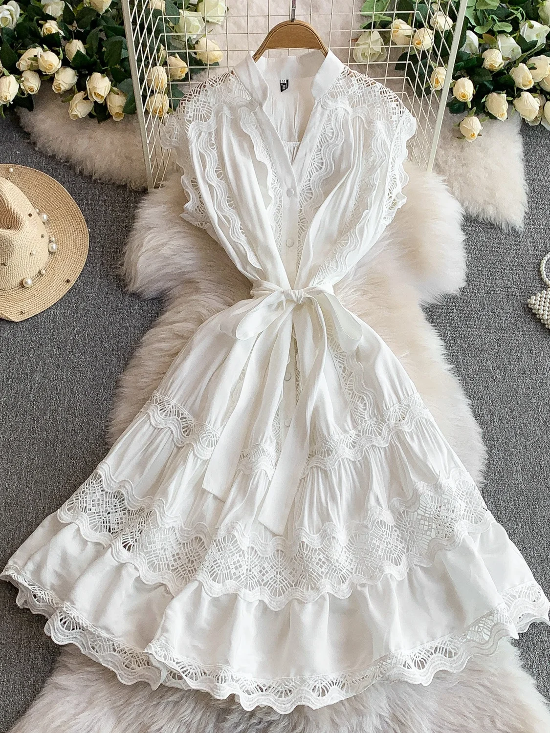 Vestido de Verão com Decote em V e Mangas Curtas em Renda, Saia em Camadas de Cintura Alta Estilo Coreano, Vestido Midi ina...