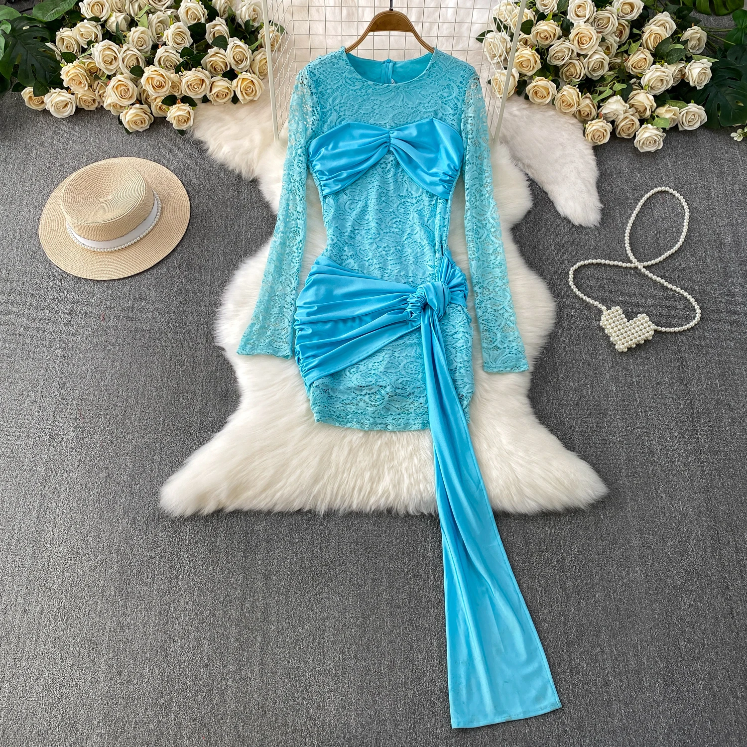 Sukienka damska zimowa luksusowa koronkowa satynowa jedwabna patchworkowa seksowna bandażowa podkreślająca biodra sukienka damska niebieska czarna na festiwal, kolację, bankiety