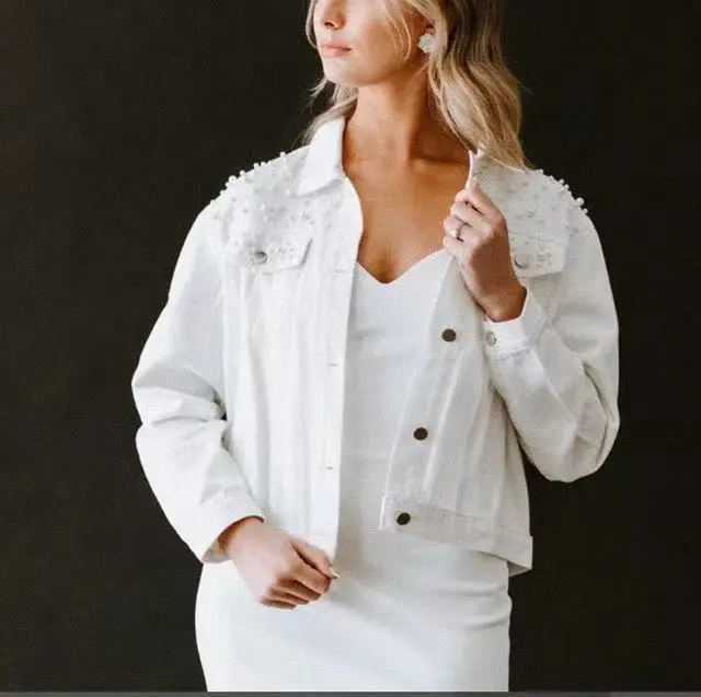 

Casual Cotton Denim Coats Women Pearls Jacket Outdoor Jackets Denim Outerwear Autumn Spring Cowboy Overcoats Y2k Streetwear Coat