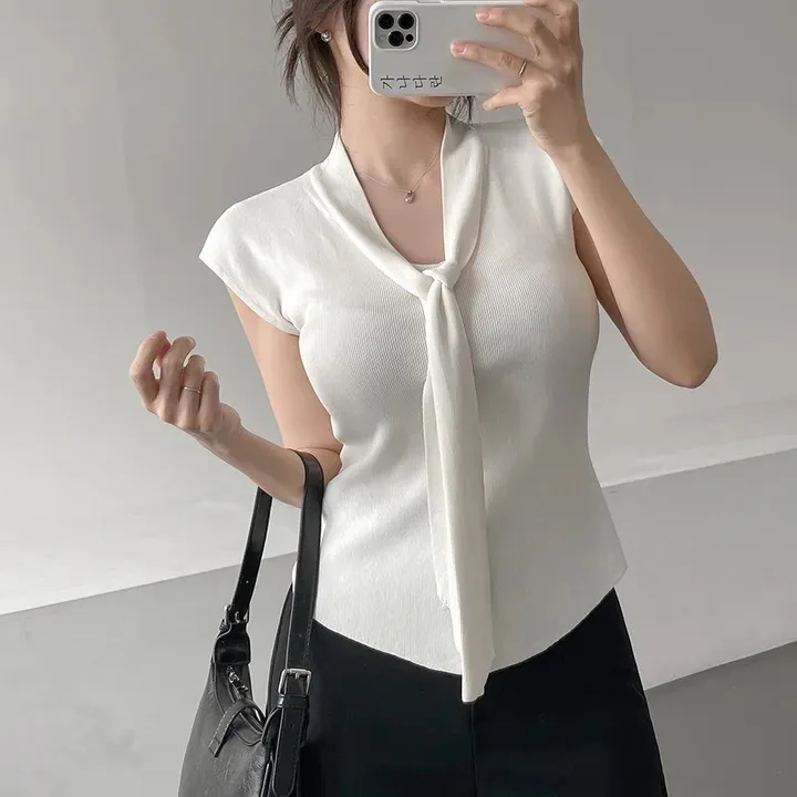 

Женский вязаный свитер, летний корейский Sle Chic Design V-ne ort Sve Pure Color Top with awl Faion Commute Sle