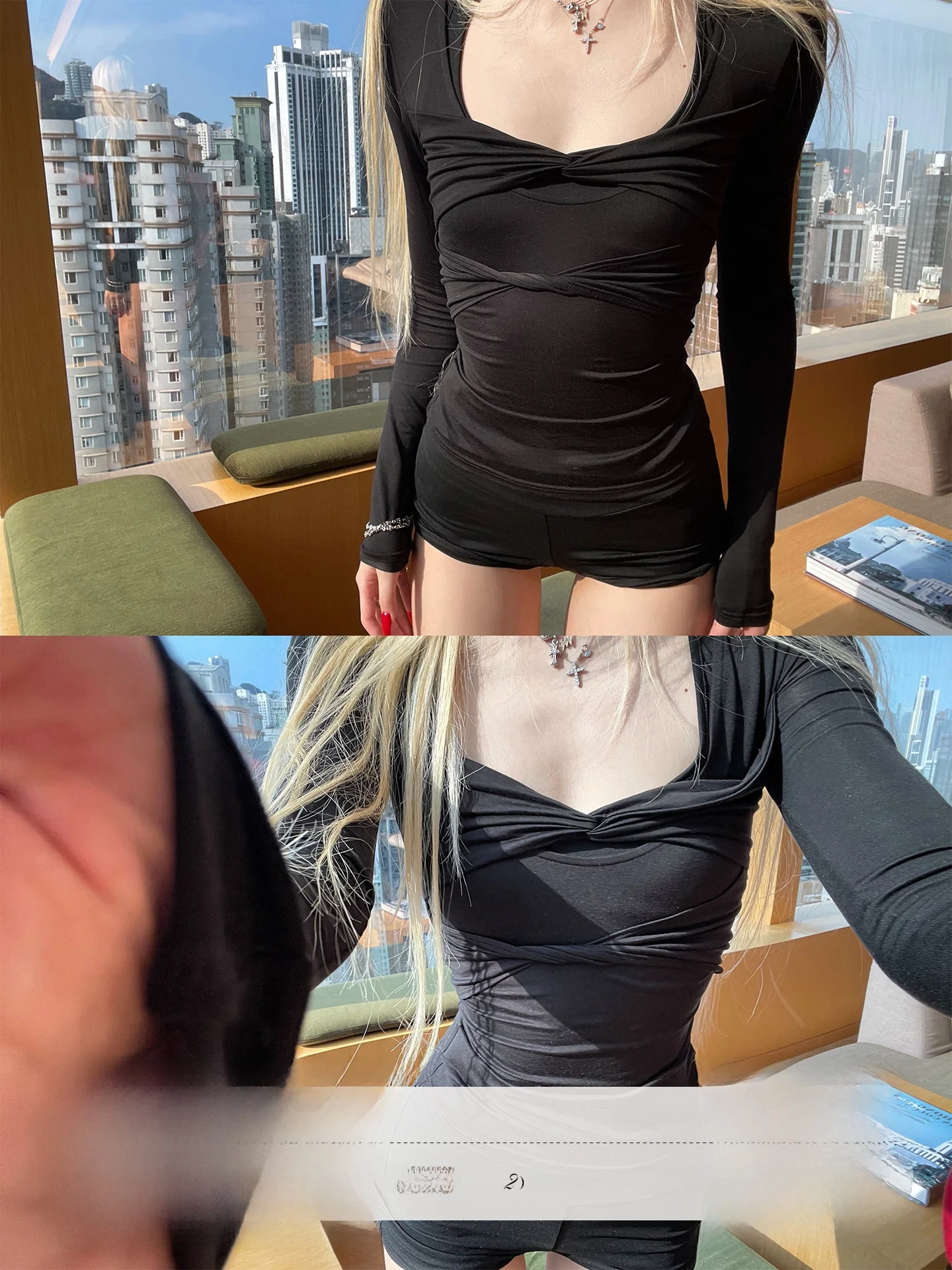 

Black Knot Long Sleeve T-Shirt Top with Shorts Spicy Girl Set by Rase Le Sol Casual Slim Fit Daily Wear Viscose Spandex Blend