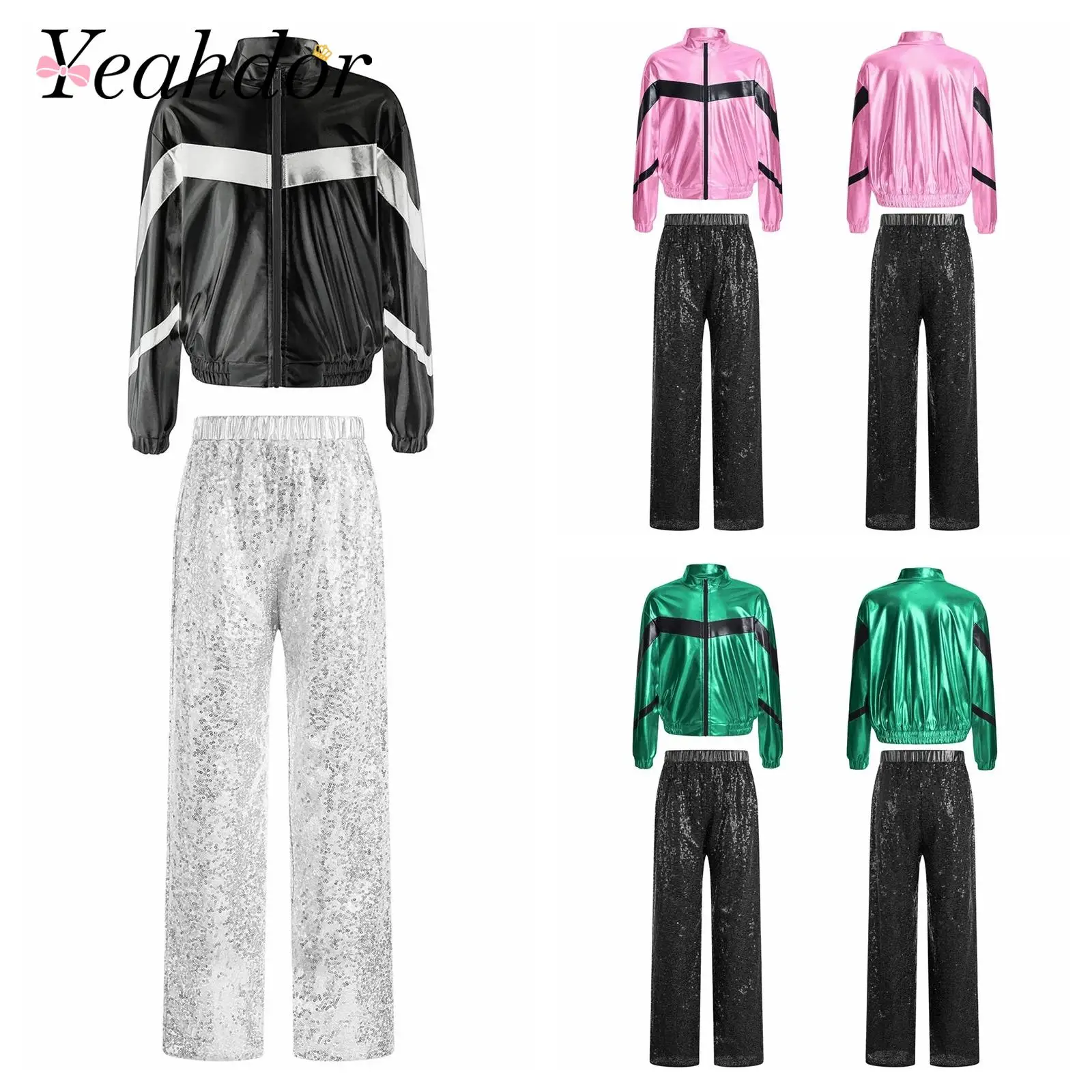 

Children Hip Hop Clothes Sets Girl Jazz Dance Costume Long Sleeve Zipper Metallic Jacket+ Pants for Party Performance Outfits
