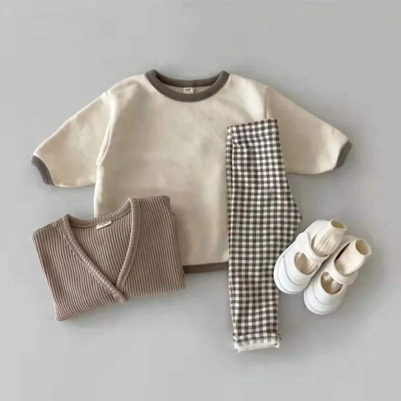 Haut à manches longues et pantalon à carreaux pour bébés garçons et filles, ensemble de pyjamas pour enfants, coton pour tout-petits, mode décontractée solide, nouveau, 2 pièces, 2022