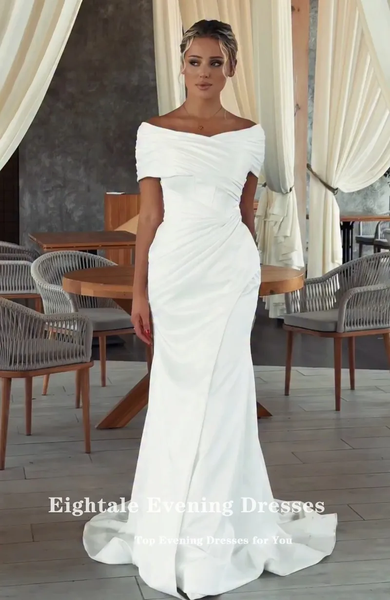 Eightale Arabic Wedding Dress Pleats Customized White Ivory Cap Sleeves Bridal Gown Mrmaid Satin Bride Party Dress