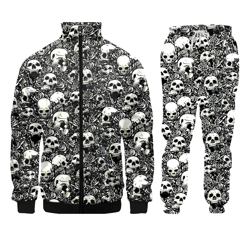 Black White Skull jacket Casual Streetwear Sweatshirt Pants 3d Crewneck Hoodie Pullovers Men/Women Tracksuit Long Sleeved