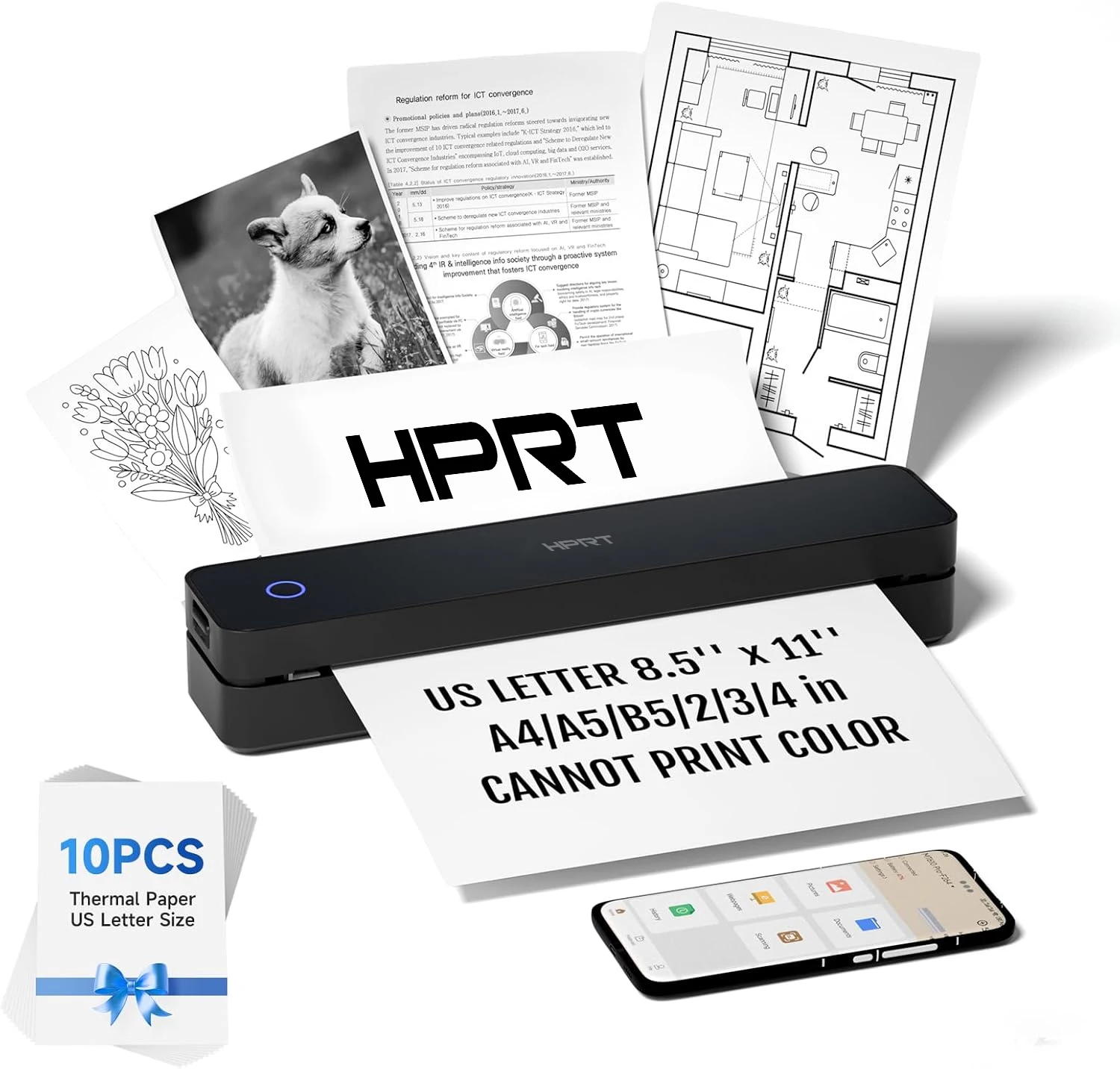 HPRT MT620 Portable Wireless Printer, Bluetooth Thermal, Inkless for A4/A5/US Letter Office Car Home iOS Andorid Laptop Travel