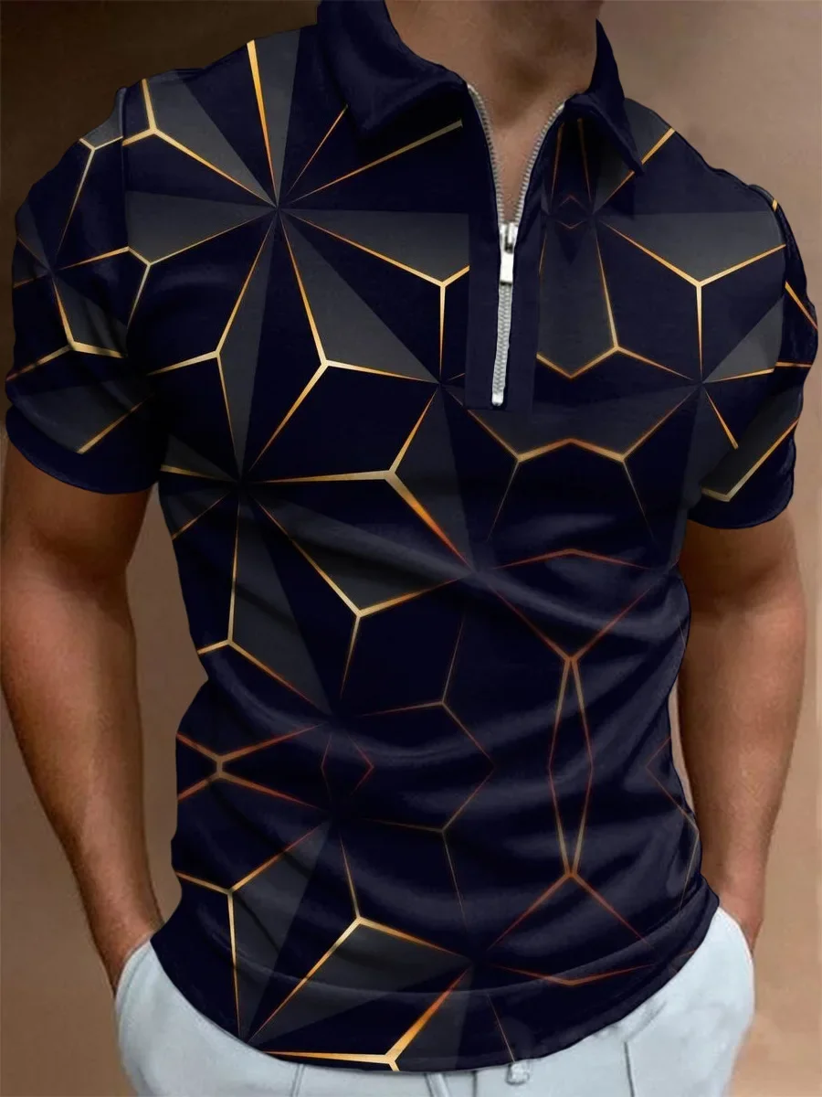 2023 Polo T Shirt for Men Summer Chic Plaid Stripe Golf Casual polo shirts Polo Shirts Collar Zipper Design Men Street Clothes image 3