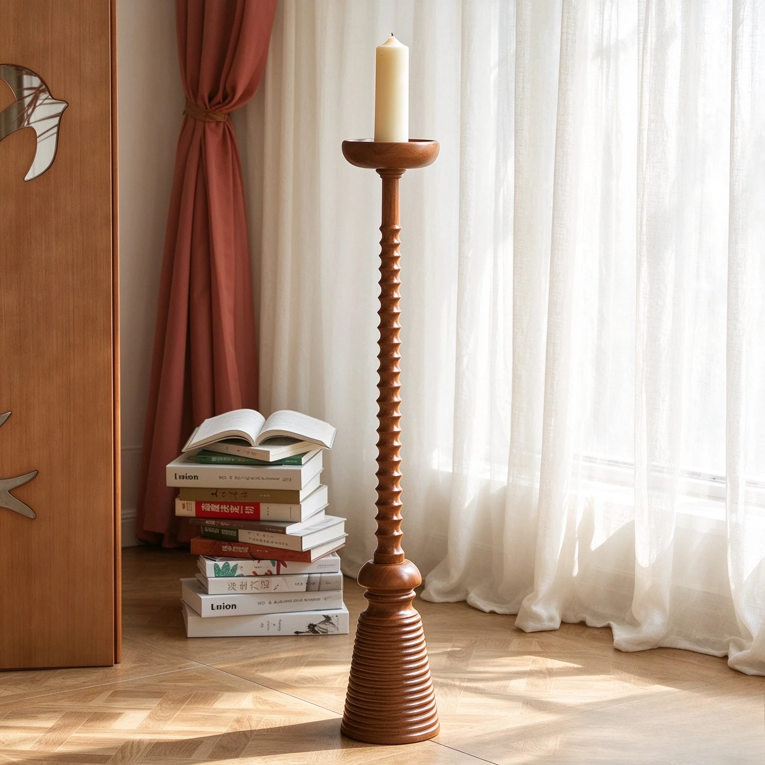 Hand Carved Solid Wood Candle Holder Table, Mid Century Floor Standing Display Accent for Living Room Bedroom Home Decor Use