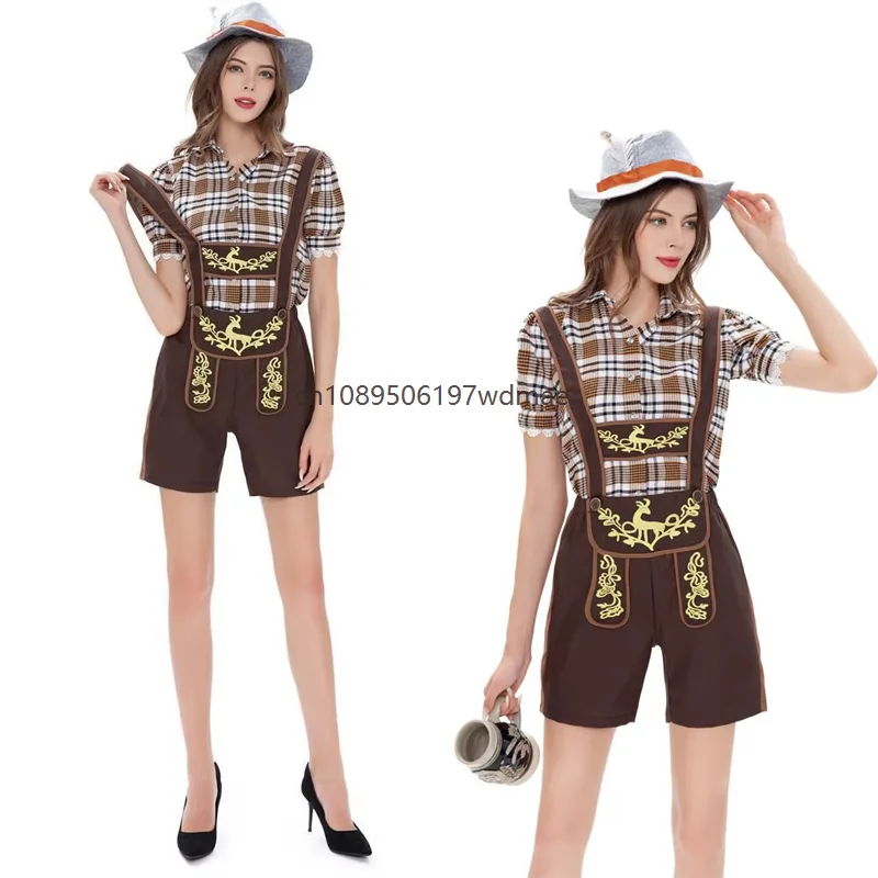 

Munich Oktoberfest Women's Bavarian Traditional Retro Beer Plaid Shirt Overalls Carnival Party Stage Performance Cosplay Costume