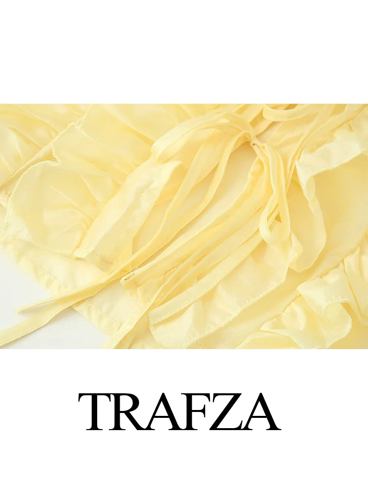 

TRAFZA 2025 Woman's Summer Slim Yellow Chic Shirts Long Sleeves Bow Lace-Up Decoration Female New Fashion Casual V-Neck Blouses