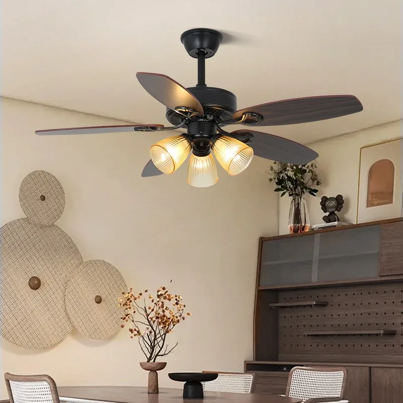 48 Inch Vintage Ceiling Fan with Light 5 Wood Blades Black Ceiling Fan Light with Remote Control for Living Room Bedroom