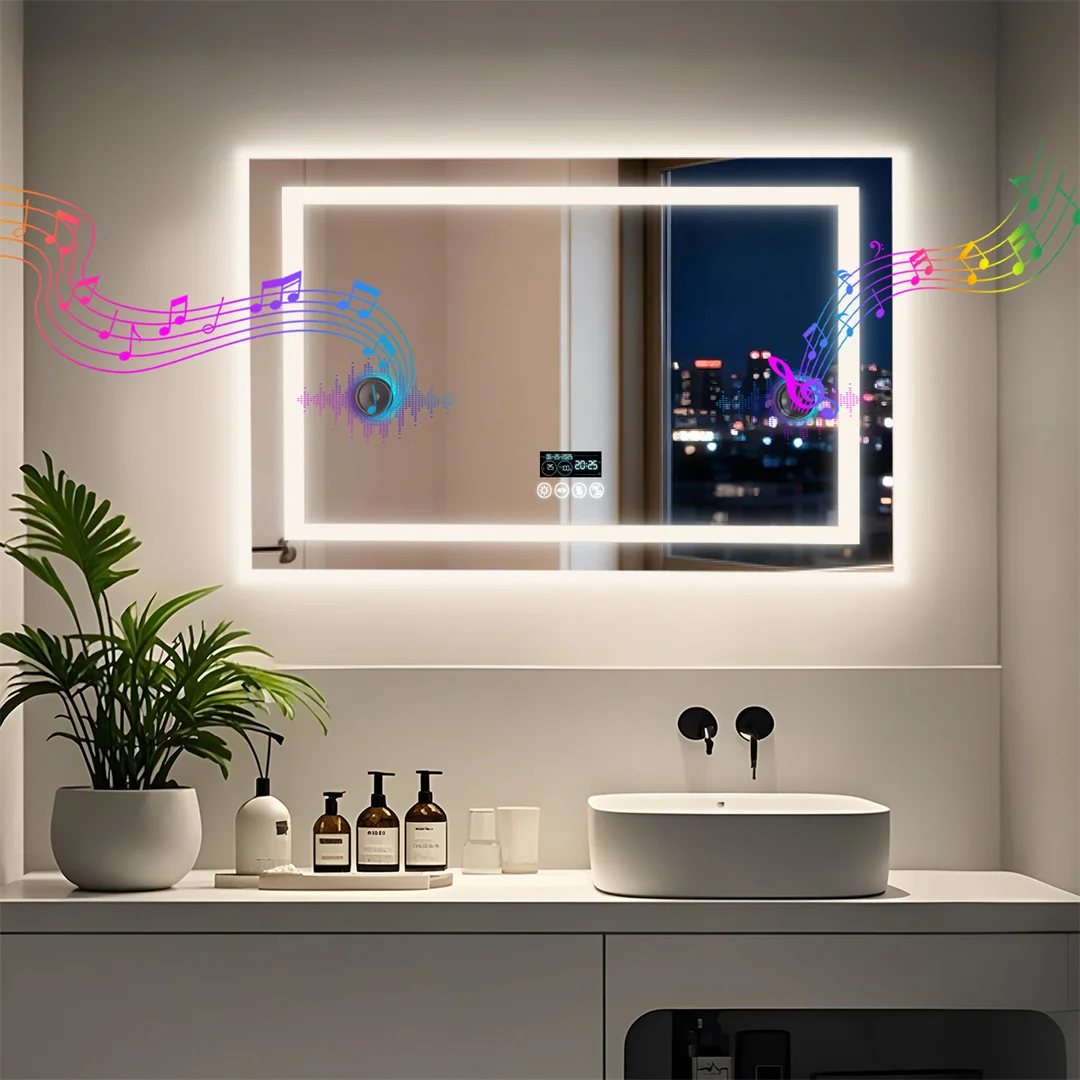 LUVODI 100x70cm Rectangular LED Bathroom Mirror with Bluetooth Speaker Anti Fog Touch Sensor 3 Color Temperatures Vanity Mirror