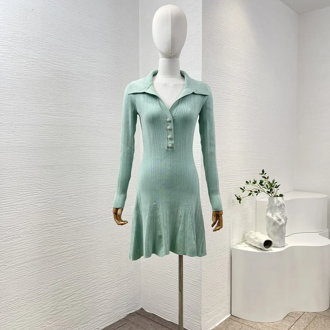 High Quality Women Mint Green Stretch Knit 2024 Spring Summer Long Sleeve Mini Dress