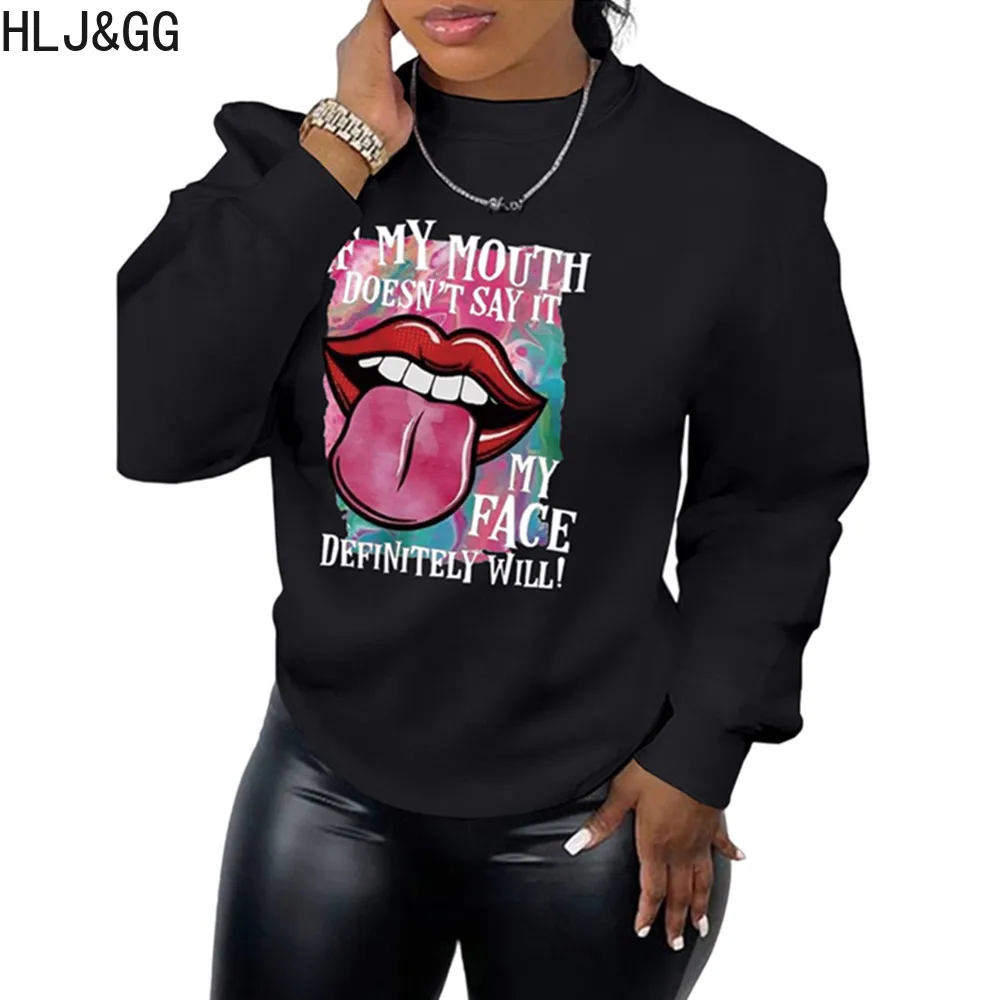 HLJ&GG Black Casual Pattern Printing Loose Top Women Round Neck Long Sleeve Sporty Clothing Female Matching Sporty Pullover 2024