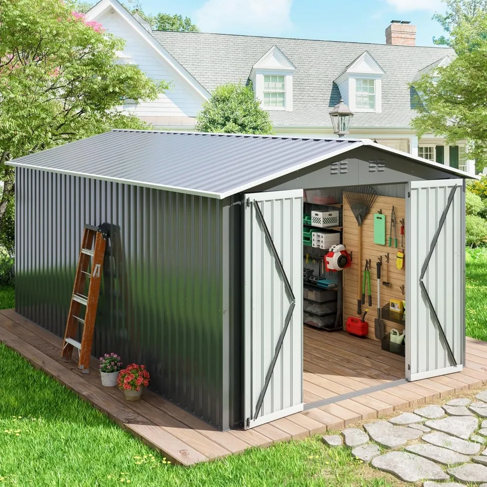 12 x 10 foot heavy-duty galvanized steel storage shed, sloping roof and ventilation openings, reinforced frame storage shed