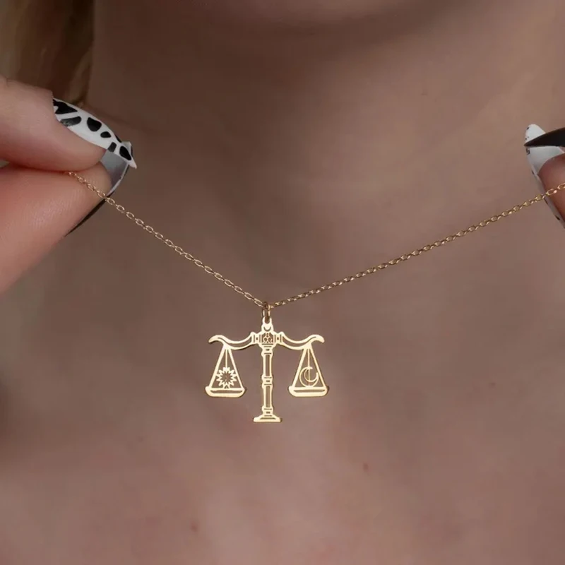 Fashion Silver Plated Sun Moon Scales of Justice Clavicle Chain Statement Necklace Libra Birthday Gift Jewelry September October