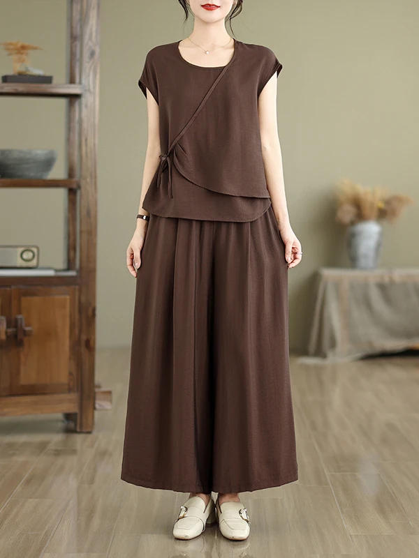 Faionable Lockeres, lässiges Zweiteiler-Set für den Sommer 20225, altersabweisendes Mama-Outfit, hohe Taille, weites Bein, Hose aus Baumwolle, rundes Ne-Top