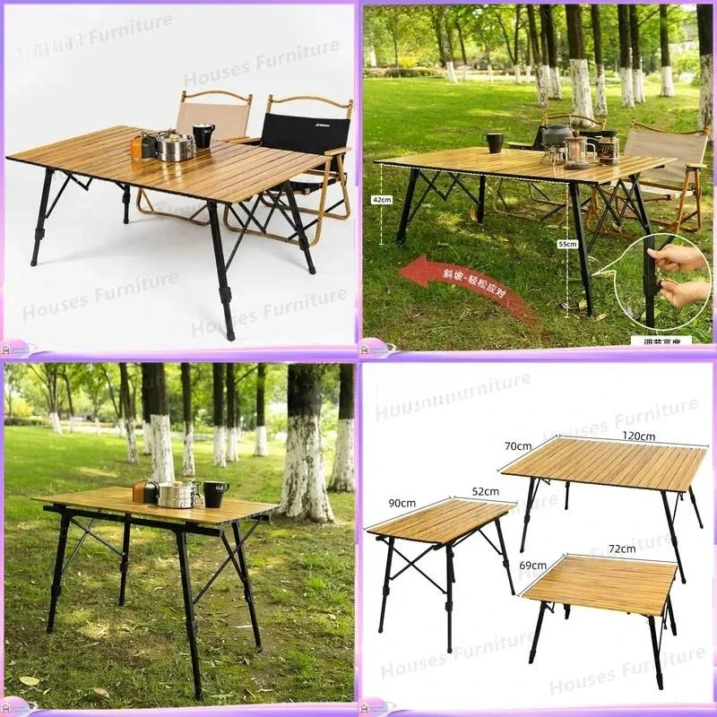 Outdoor folding table Wood grain aluminum alloy egg roll table Large lifting camping table Portable camping self-driving