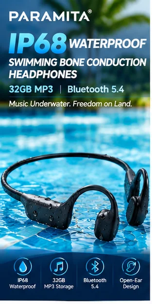 IP68 Waterproof Swimming Bone Conduction Headphones 32GB MP3 Bluetooth 5.4 Sports Earphones for Swimming Running Cycling Fitness