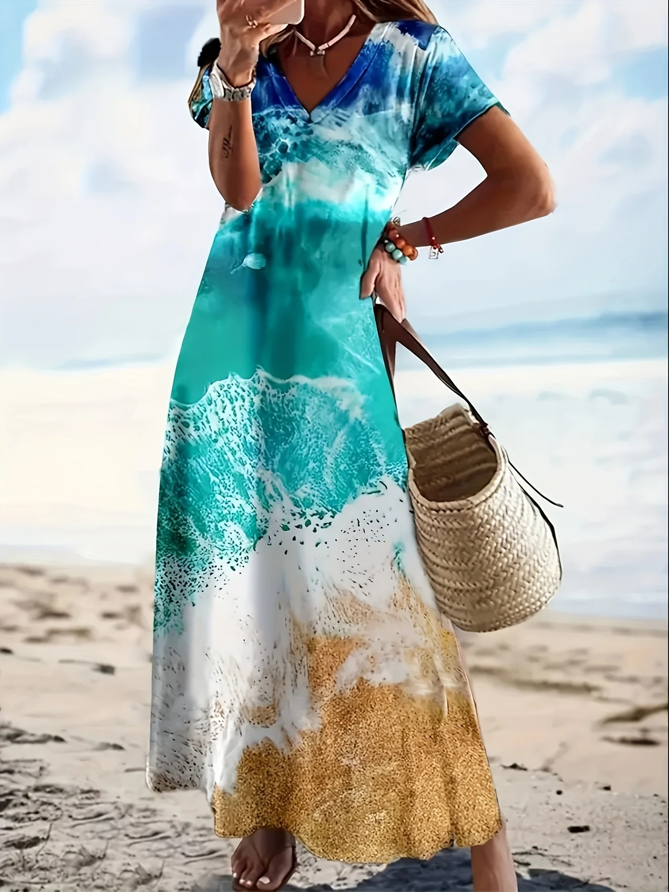 Plus Size Women Ocean Wave Print Maxi Dress V Neck Short Sleeve Loose Flowy  Dress Casual Summer Beach Vacation Swing Dress