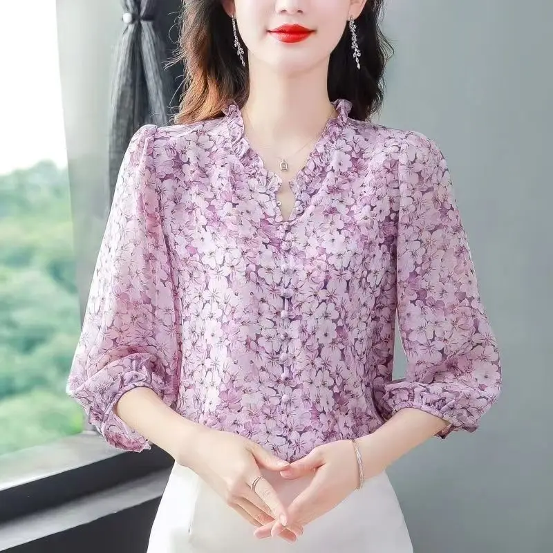 Commute Broken Flowers Shirt Printed Female Clothing Casual 3/4 Sleeve Spring Summer Elegant V-Neck Stylish Button Loose Blouse