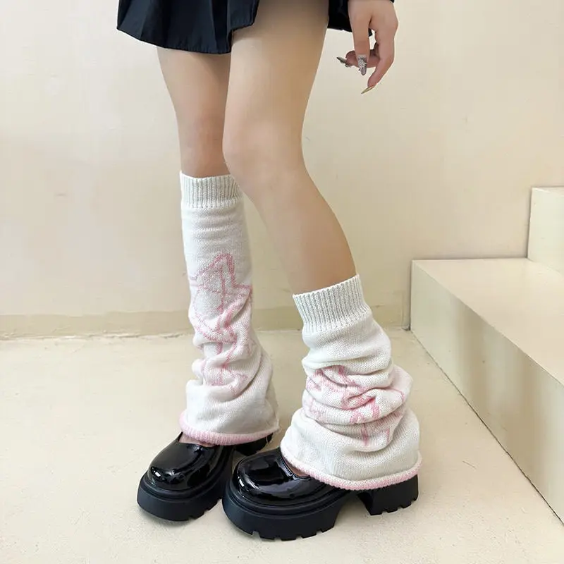 A Pair of Kawaii All-Match Heap Mid-Calf Socks Hollow Stars Knitted Y2K Campus Jk Strap Long Leg Set Leg Shaping for Women