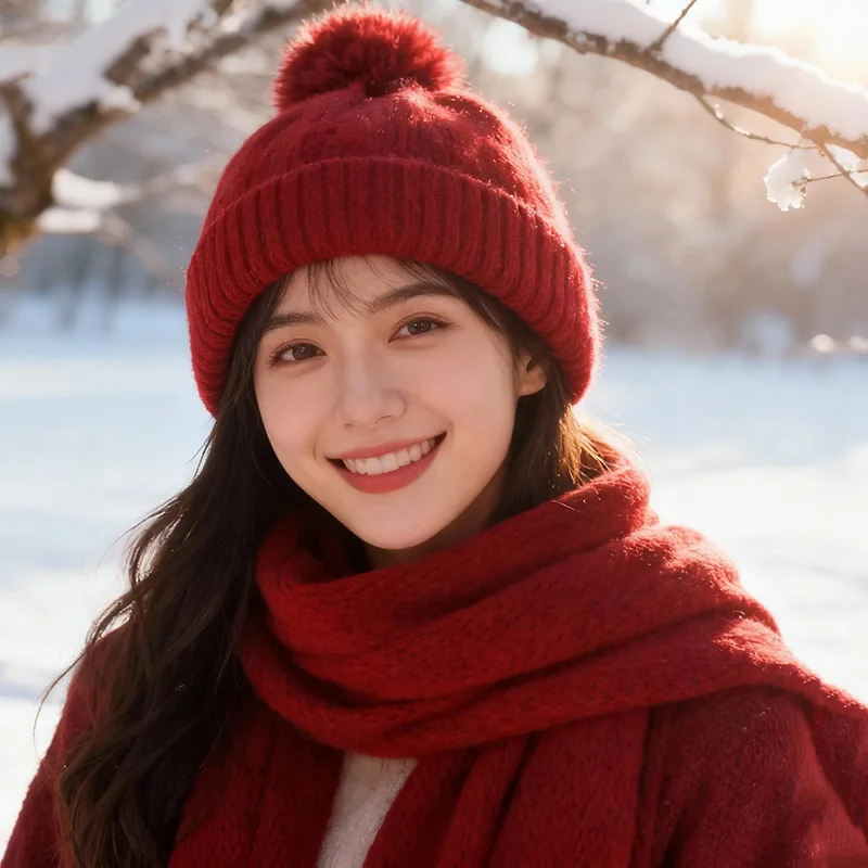 Conjunto de duas peças de cachecol de chapéu de malha, inverno com chapéu de lã de mistura de lã grossa e quente, proteção para os ouvidos, versátil e rosto pequeno