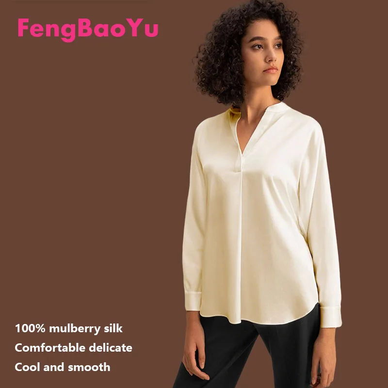 

Fengbaoyu 100% Natural Silk Women's Shirt V-neck Blouse with Collar Elegant Shirt with Smooth Luster Suitable for Spring Summer