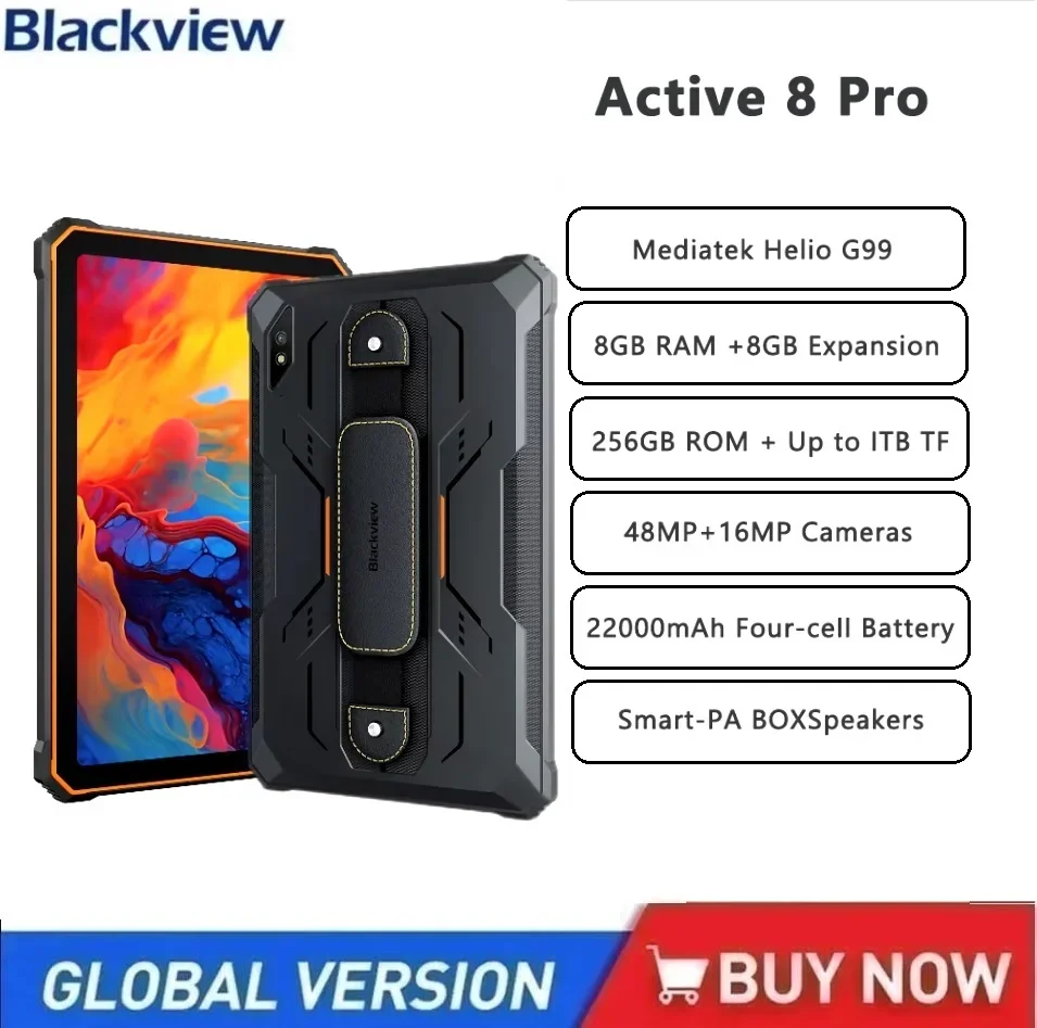 Blackview-Tablette PC robuste Active 8 Pro, Android 13, écran 10.36 "2.4K, Helio G99, 16 Go, 256 Go, appareil photo 16MP + 48MP, 22000mAh