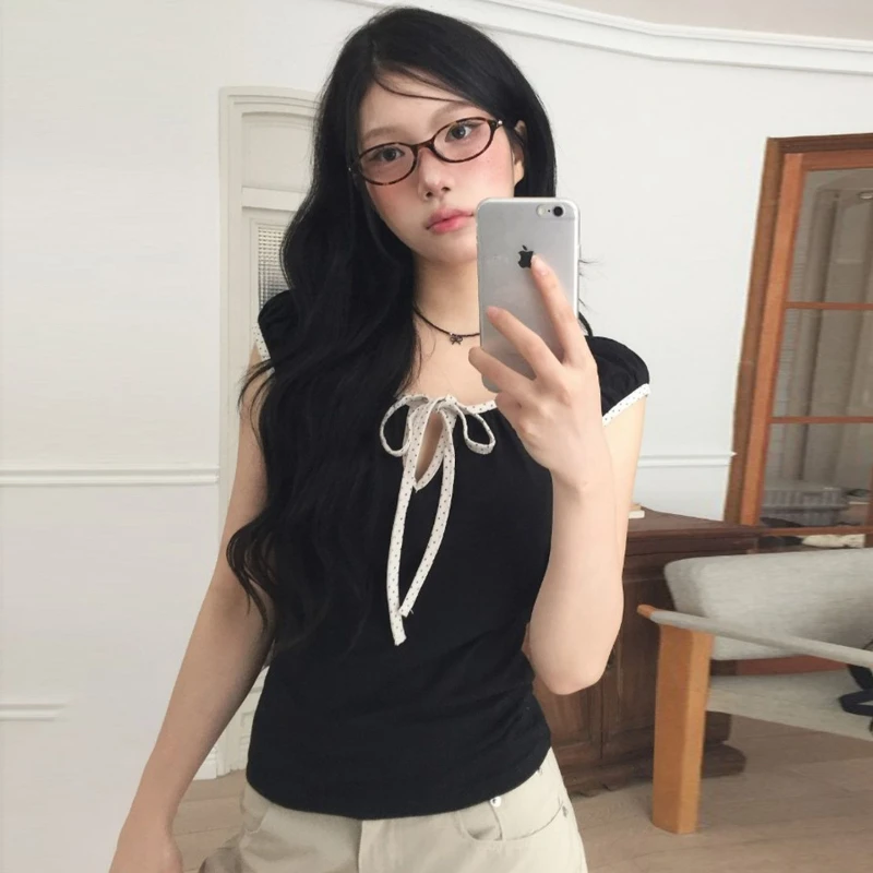 

Deeptown Korean Style Sweet T-shirts Women Elegant Bow Polka Dot Kawaii Tees Vintage Sexy Black Slim Up Short Sleeve T-Shirts