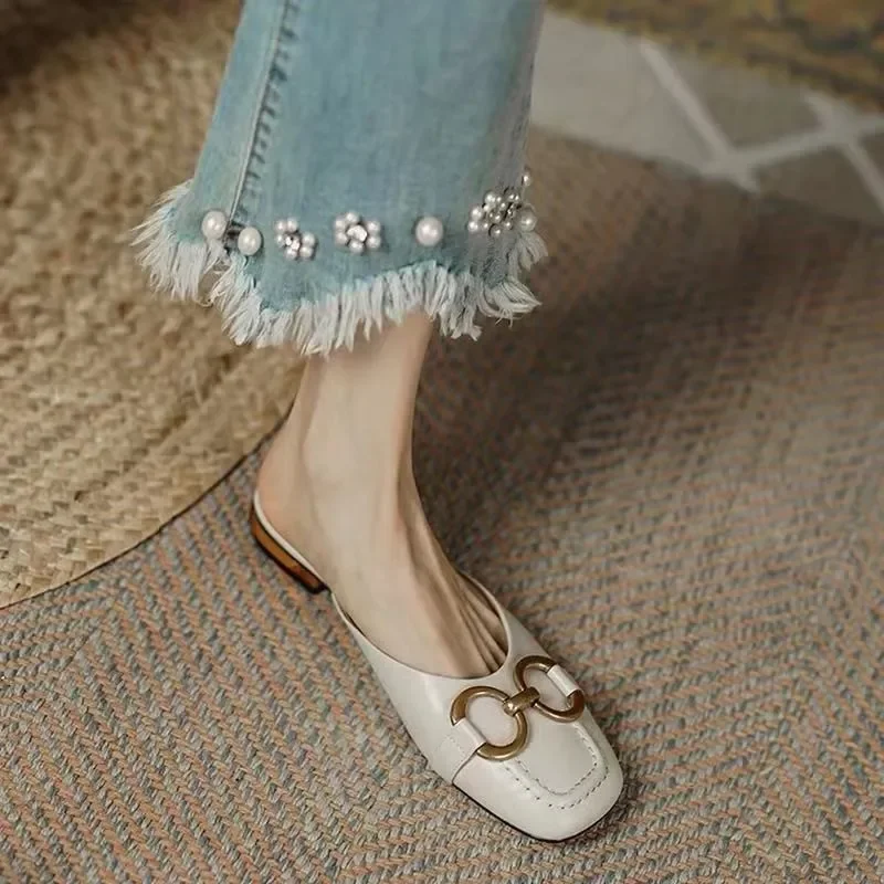 French Style Retro Baotou Slippers Women Wear Flat Heel Semi-slippers In Summer 2023 New Square-headed Muller Shoes Women