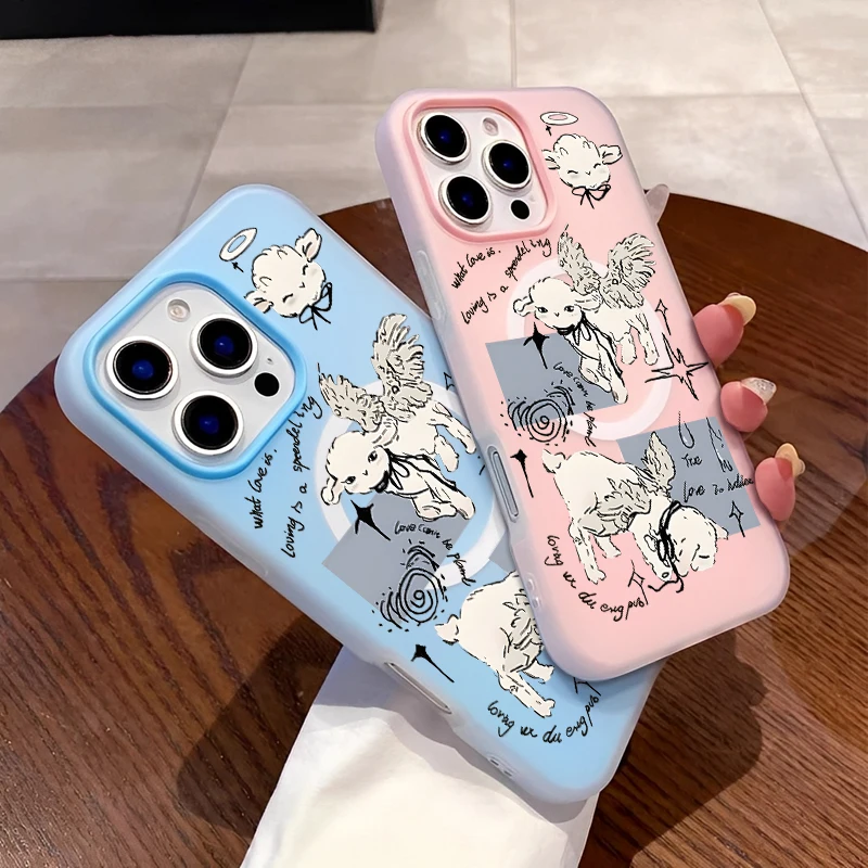 เคสโทรศัพท์ลายการ์ตูนแกะน้อยน่ารักเรียบง่ายทันสมัยพร้อมปีกแม่เหล็ก สำหรับ iPhone 16 15 14 13 12 11 PROMAX