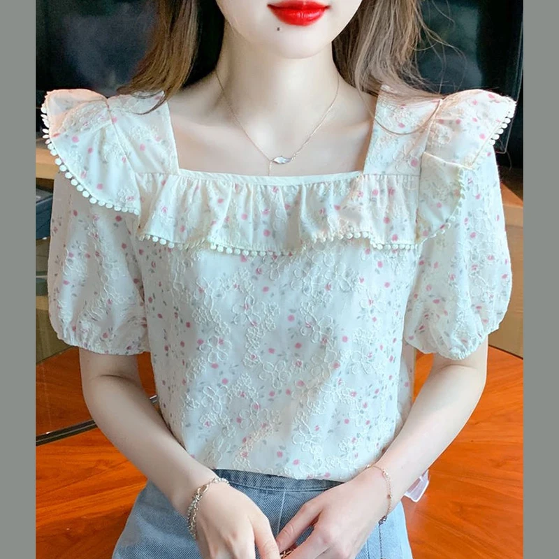 Sweet Square Collar Ruffles Printed Puff Sleeve Blouses Female Clothing 2024 Summer New Loose All-match Tops Chic Chiffon Shirts