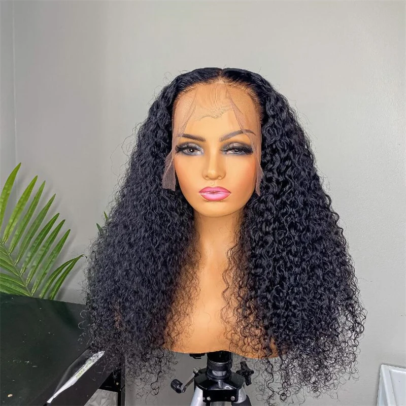 Perruque Lace Front Wig crépue bouclée sans colle, 26 pouces, noire, naturelle, douce, pre-plucked, avec baby hair, densité 180, pour femmes