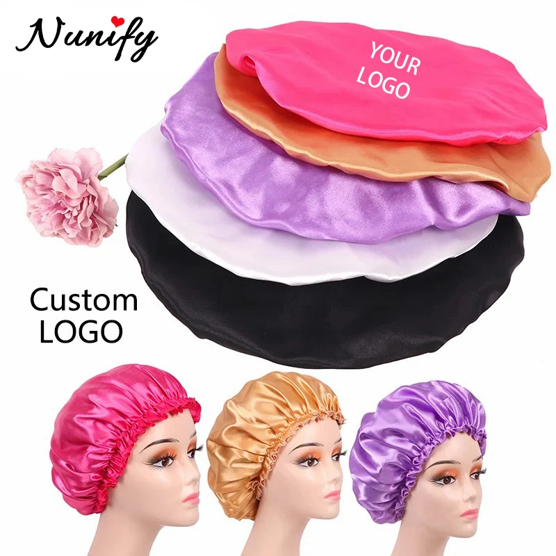 10Pcs Customized Logo Bonnet Black Pink Satin Bonnets Silk Sleep Cap For Curly Hair Satin Bonnet With Logo Double Layer