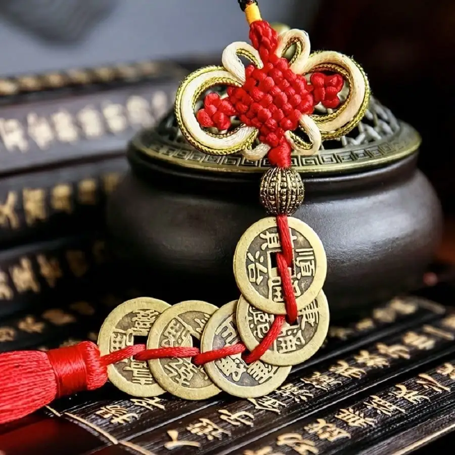 1pc&2pc Feng Shui Wealth Charm Five Ancient Emperor Coins with Red Chinese Knot Tassel Wall Car Hanging Ornament for Good Luck & Prosperity