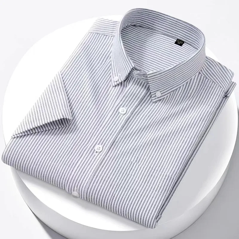 Luxury Men's Oxford Shirt 100% Cotton Short Sleeve Causal Stripe Solid Summer Sd5526cf8852545dca249edd839ee182cB