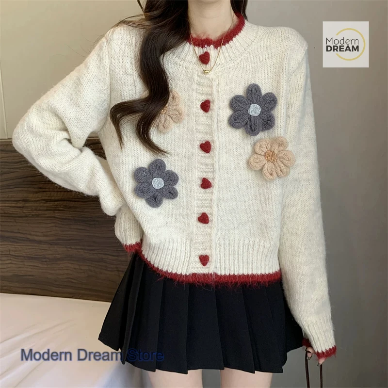 

Свитер с круглым вырезом во французском стиле, женское осенне-зимнее пальто, новый короткий вязаный кардиган на пуговицах Sweet Love