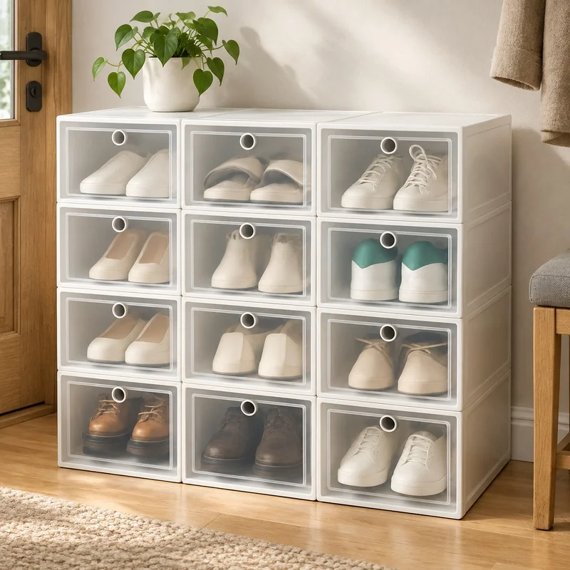 6-Pack Transparent Foldable Shoe Organizers with Stackable, Dustproof Design for Space-Saving Shoe Storage